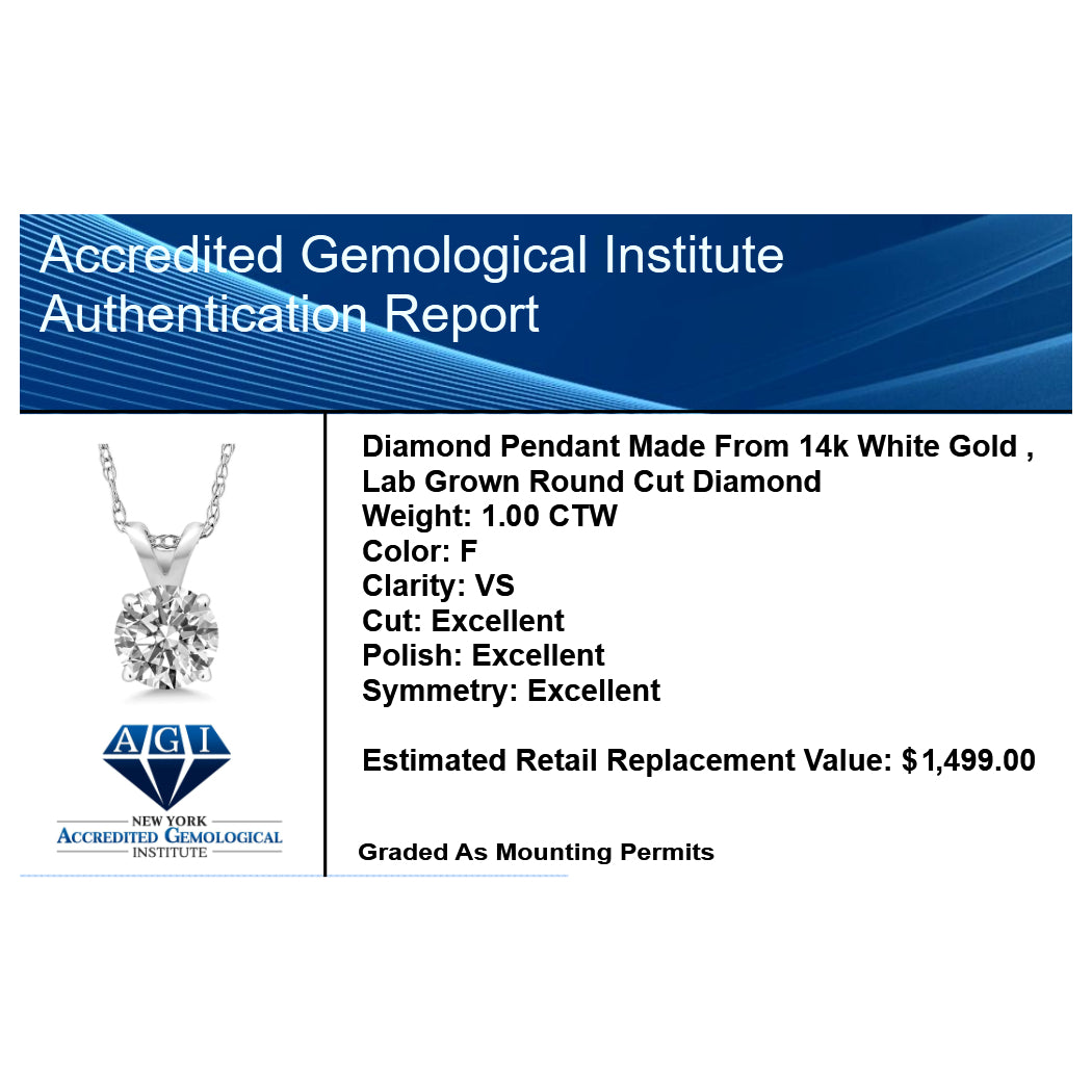 1.00 CTW Lab-Grown Round Diamond Solitaire Pendant in Solid 14K Gold – F Color, VS Clarity, AGI Certified